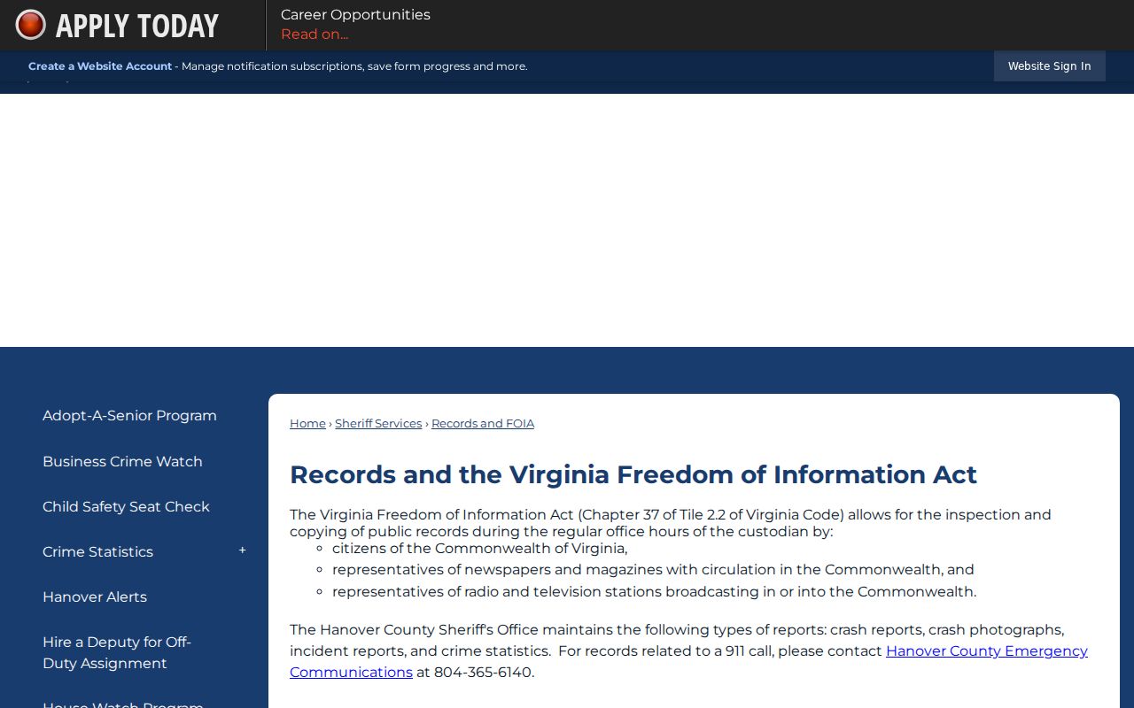 Hanover County warrant records request limits at HCSO
